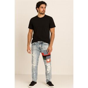 AKOO Mens Light‎ Wash Distressed Patchwork Paint Splatter Jeans Size 30